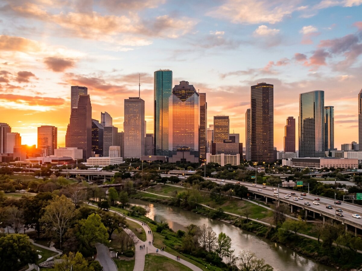 Downtown Houston skyline at sunset